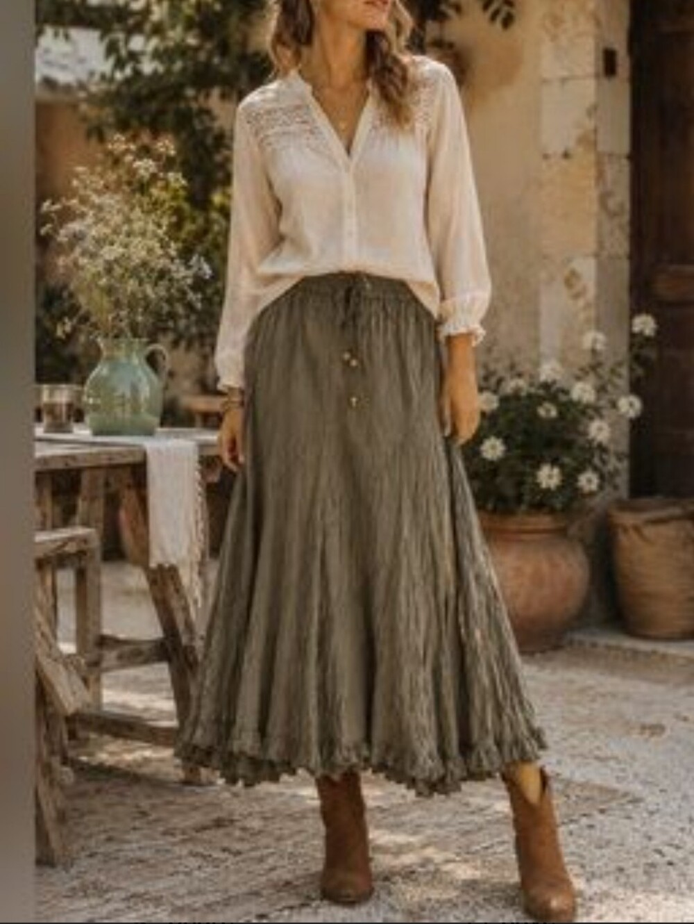 Boho Tiered Midi Skirt in Gravel (Olive)